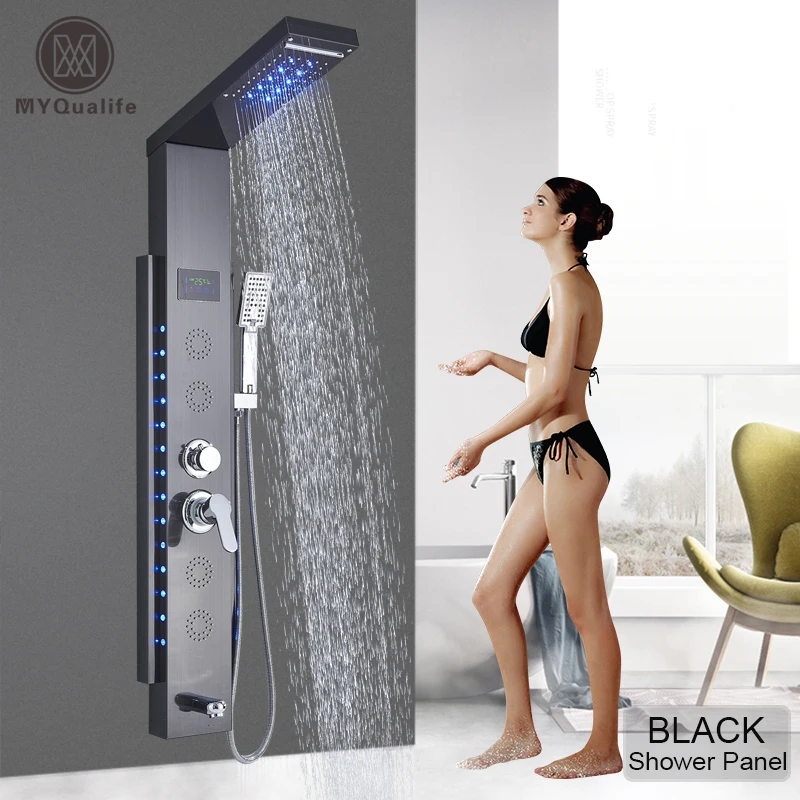 MYQualife New  Top Design Led Shower Panel 5  Function Bathroom Shower Faucet  Wall Mounting Black Cold and Hot Shower Column