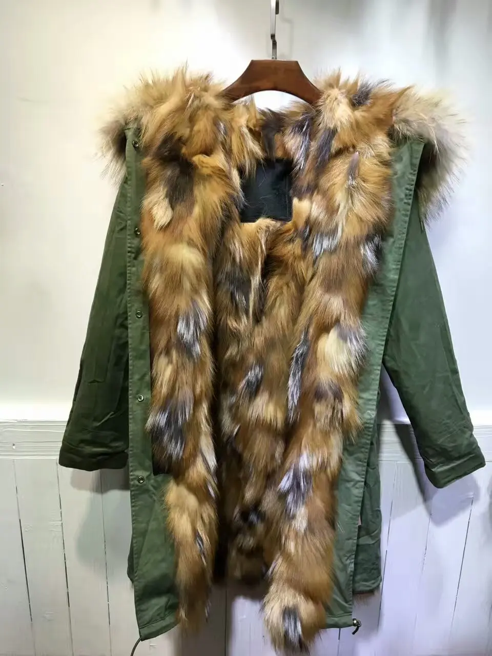 Parka lungo in pelliccia invernale da uomo e da donna verde militare cappotto foderato in vera pelliccia di volpe naturale cappotto caldo spesso alla moda