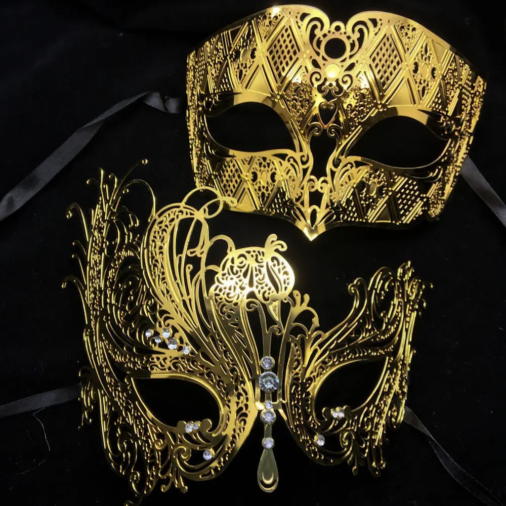 Preto prata ouro metal filigrana corte a laser casal máscara de festa veneziana máscara de bola de casamento halloween masquerade traje masker conjunto
