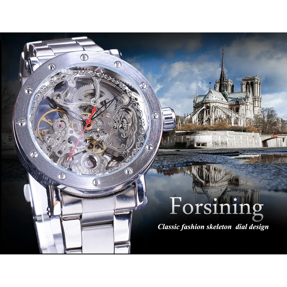 Forsining Zilver Skeleton Horloges Zwart Rood Pointer Zilver Rvs Riem Automatische Horloges voor Mannen Transparante Horloge