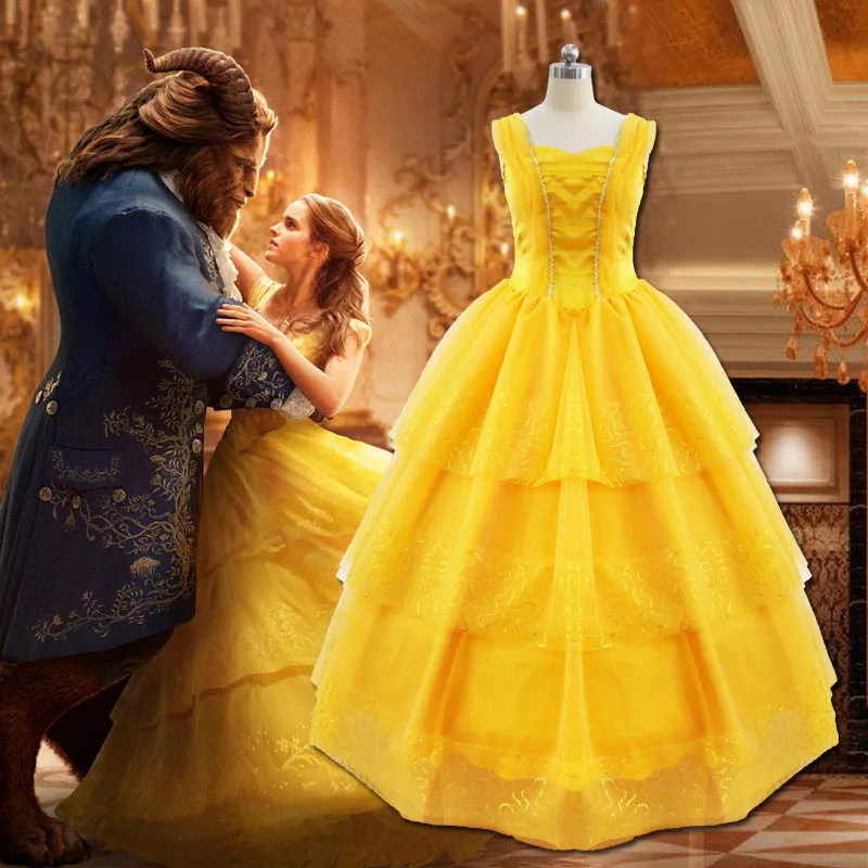 Adult Beauty and The Beast Princess Belle Cosplay Costume Ball Gown Fancy Dress Uniform Halloween Party Costume Wedding dress