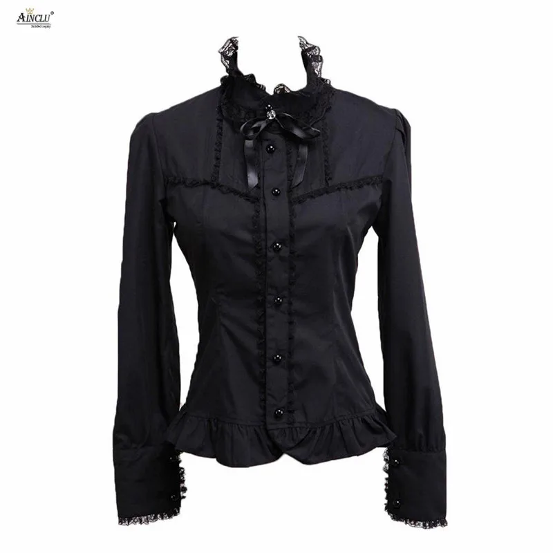 

Women Lady Shirt Ainclu Fashion Women's High Quality Black Long Sleeves Cotton Lolita Top T Shirt Blouse With Lace