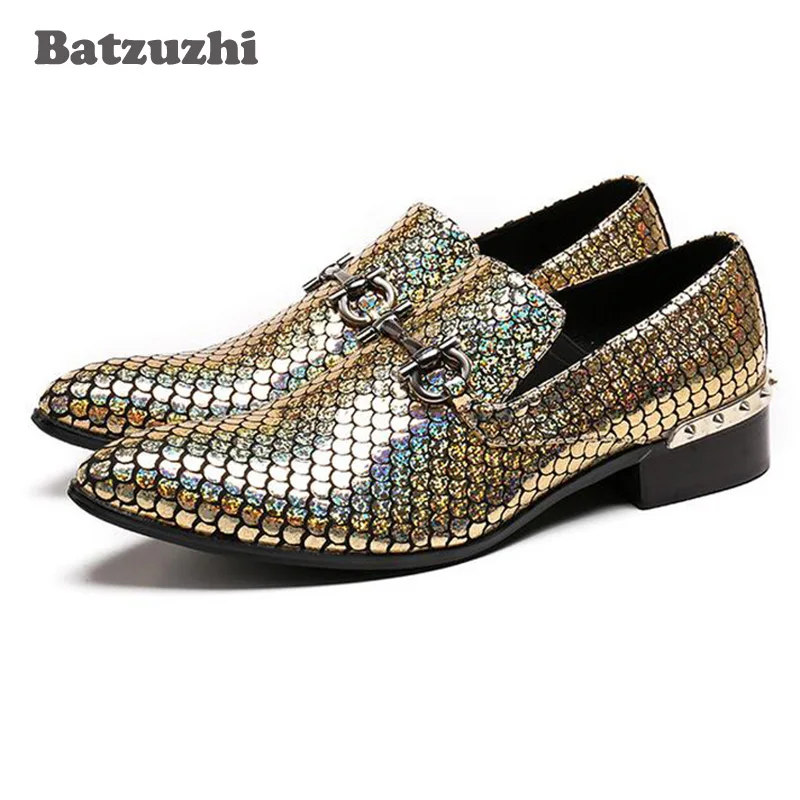 

Batzuzhi Gold Glistening Glitter Men Oxfords Sequins Slip on Flats Banquet Wedding Mens Dress Shoes Genuine Leather size 38-46