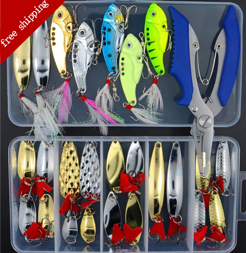 

Fishing Lures Set Mixed Metal Spoon Lure Kit VIB Sequins Shrimp Lure Plier In Storage Box Soft Lure Minnow Fishing Tackle ER004