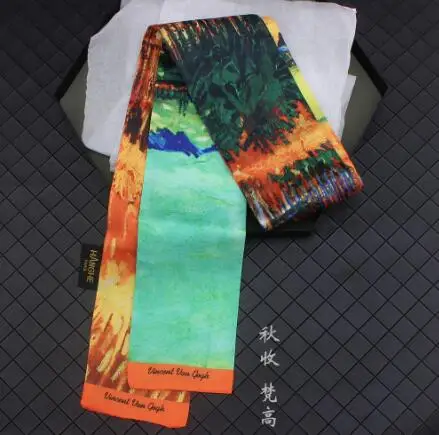 9x120cm Van Gogh Oil Painting Multi-function Bag Scarves Skinny Scarves 2019 New Silk Scarf Women Head Scarf Wrist Towel