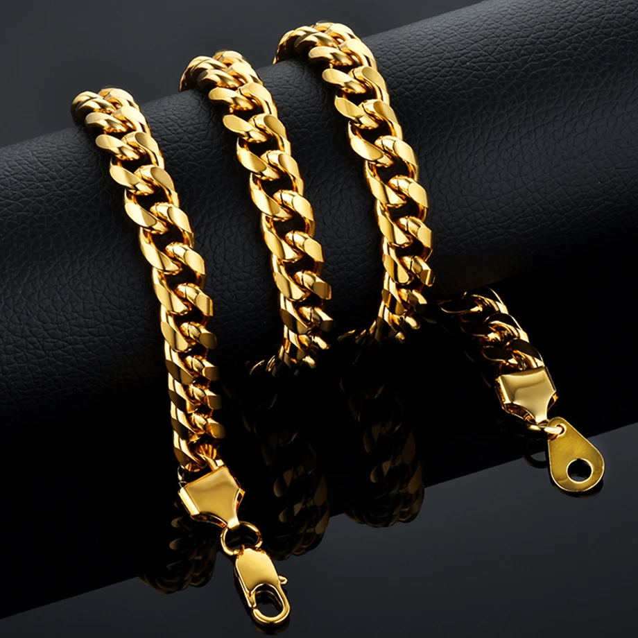 Hiphop Men\'s Thick Neck  Gold Color Stainless Steel Heavy Miami Curb Cuban Link Chains For Men Necklaces Male Jewelry