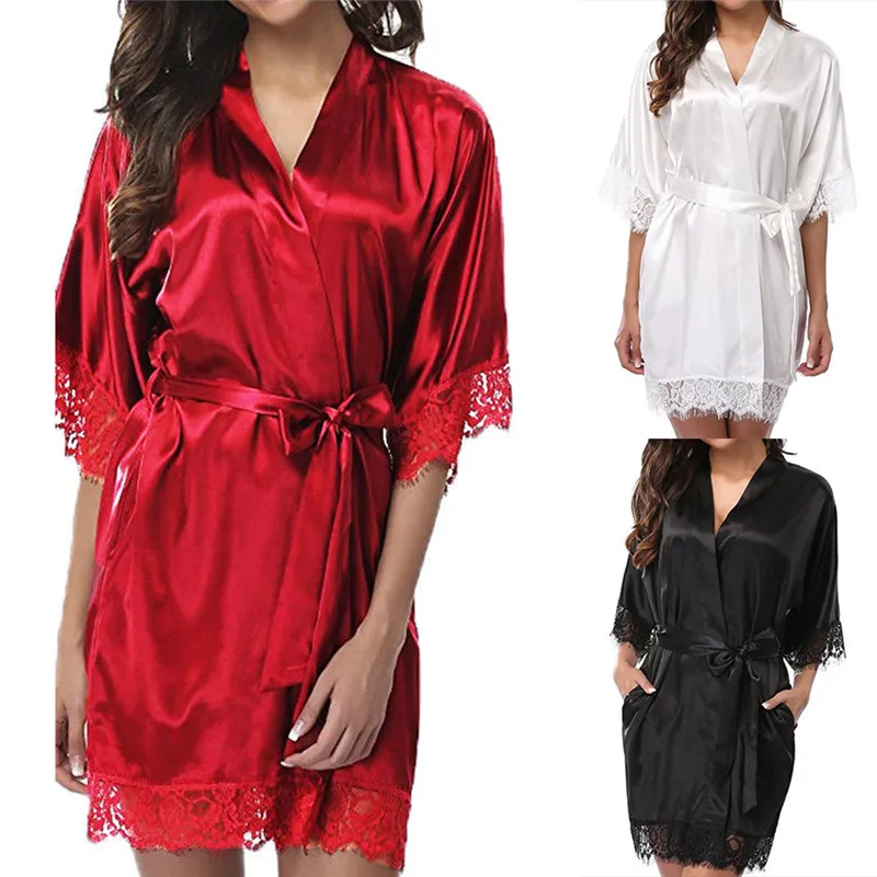 1PC Short Satin Bride Robe Sexy Wedding Dressing Gown Lace Silk Kimono Bathrobe Summer Bridesmaid Nightwear 3 Clour