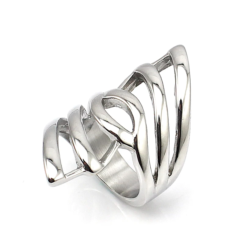 Silver Color Hollow Long Party Finger Rings Size 7 8 9 Stainless Steel Wing Rings For Women