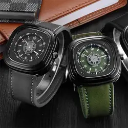 2018 Men's Watch Genuein Leather Strap Square Case Skeleton Face New Brand V6 Men Military Sports Wrist Watches Waterproof Clock