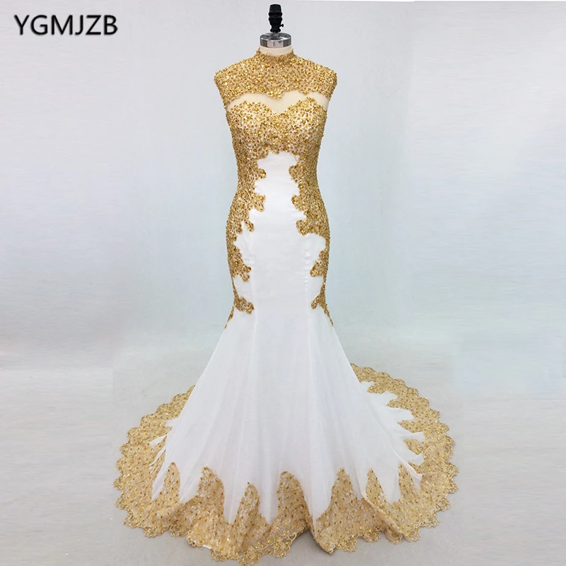 Elegant White Mermaid Evening Dresses Long 2019 High Neck Gold Embroidery Beaded Women Formal Prom Evening Gowns Abiti Da Sera