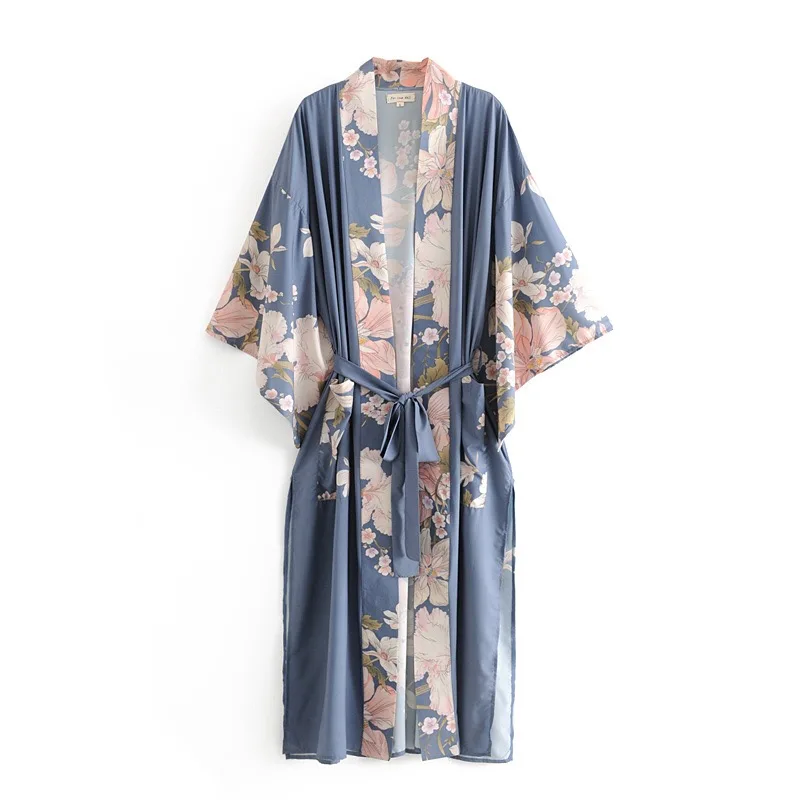 Bohemian V neck Peacock Flower Print Long Kimono Robe Shirt Ethnic Lacing up Sashes Long Cardigan Loose Blouse Tops femme