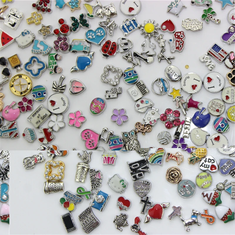 Wholase 50pcs/Lot Mix Random Different Designs Alloy Floating Charms For Glass pendants Lockets Jewelry Accessory