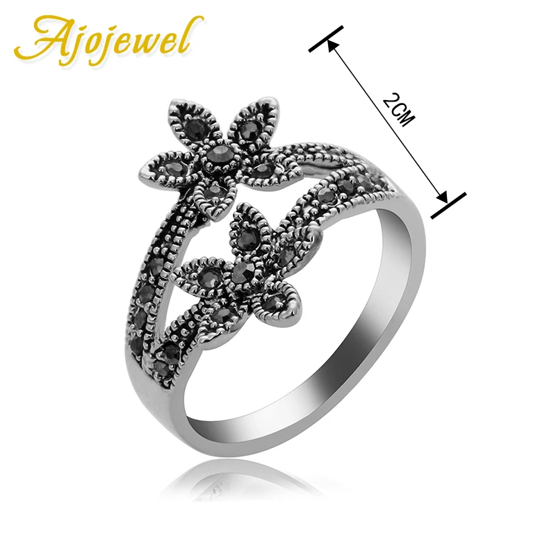 Ajojewel Vintage Double Flower Ring Rhinestone Women\'s Finger Jewelry Size 6-9 Bijoux Retro Gift Items