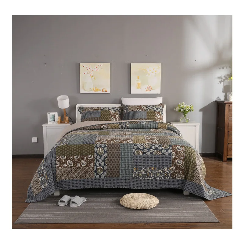 100%Cotton Patchwork Shabby Bedspread Quilt Sets Pillow shams Reversible Coverlet Set Grey Classic Bohemian King Size 3 pieces