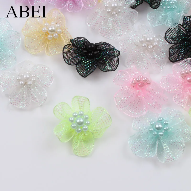 30pcs 3cm Mesh Pearl Beads Flowers DIY Shoes Hats Clothes Jewelry Decorative flowers Silk Rose Wedding Party Decoration