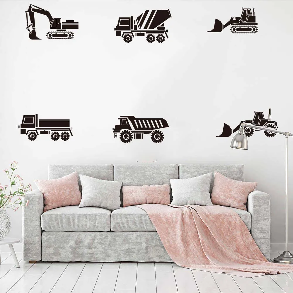 Cartoon 6pcs Construction Truck Crane  Bulldozers Wall Decal Kids Room Construction Builder Vehicle Wall Sticker Playroom Vinyl