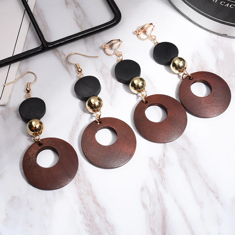 Natural Wood Clip on Earrings for No Pierced Hole Ear for Women Fashion Statement Geometric Earring Korean Girls Jewelry Gift