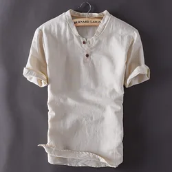 Mens Pullover Linen Shirts Short Sleeve Summer Breathable Mens Quality Casual Shirts Slim fit Solid Cotton Shirts Men TS-150