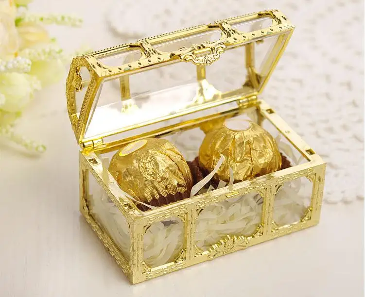 Treasure Chest Candy Box Gold Silver Transparent Plastic Wedding Favor Boxes Baby Shower Gift Box SN276