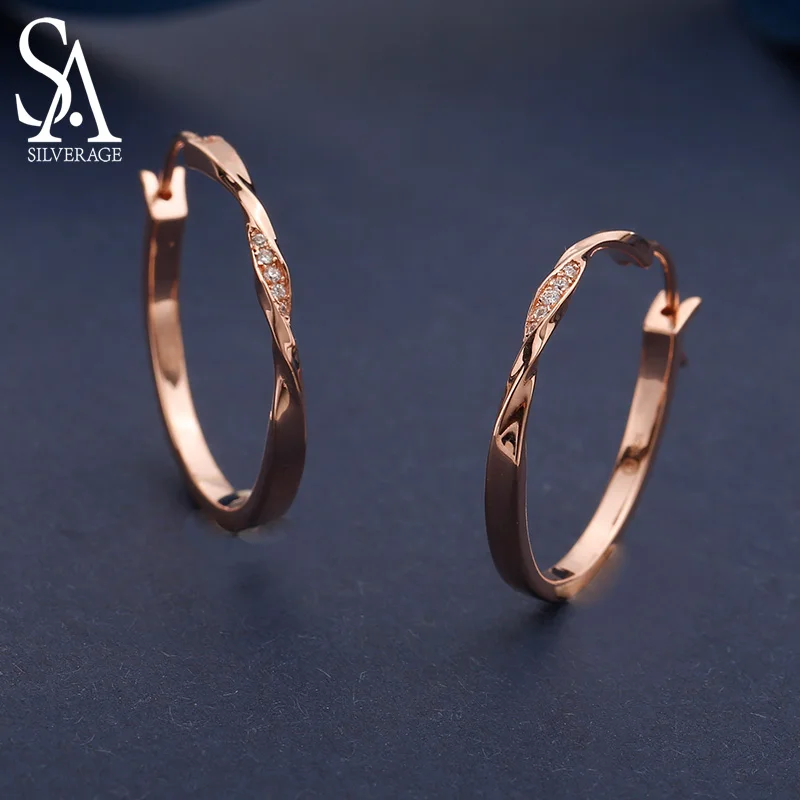 SA SILVERAGE 925 Sterling Silver Rose Gold/Silver Color Round Circle Hoop Earrings for Women 925 Silver Zirconia Long Earrings