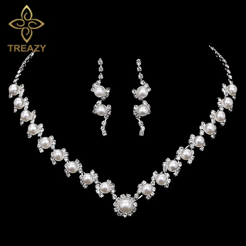 TREAZY Silver Color Simulated Pearl Crystal Bridal Jewelry Sets for Women Necklace Earrings Wedding Jewelry Sets Bijoux Femme