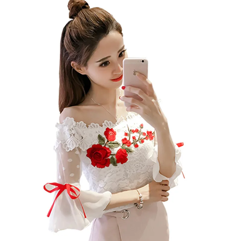 2018 Women Summer Blouse Sweet Bow Floral Embroidery Lace Shirt Lady Short Sleeve Slash Neck Mesh Blouses Blusas Short Tops A837