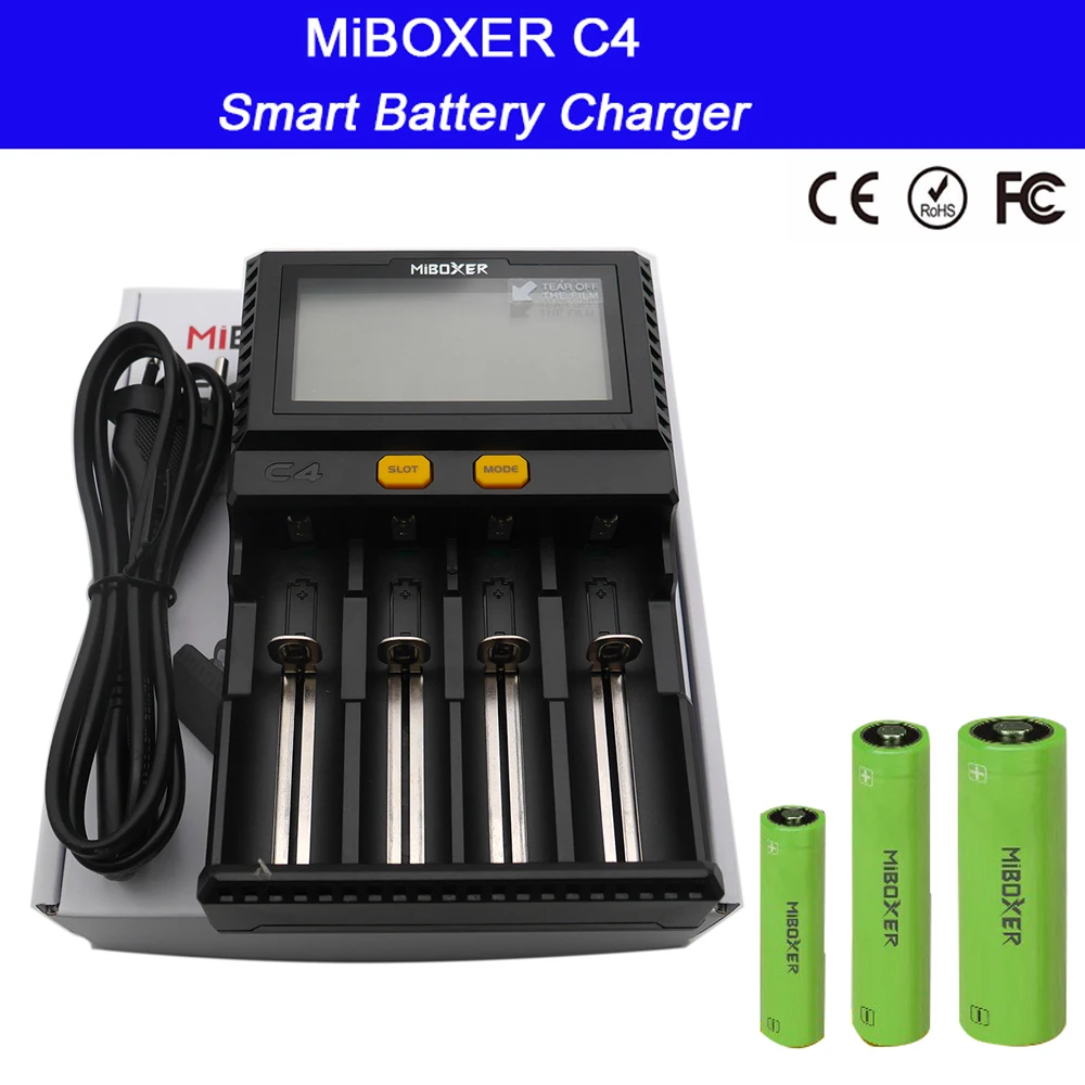 Wholesale LCD Smart Battery Charger Miboxer C4 for Li-ion IMR ICR LiFePO4 18650 14500 26650 21700 AAA Batteries 100-800mAh 1.5A