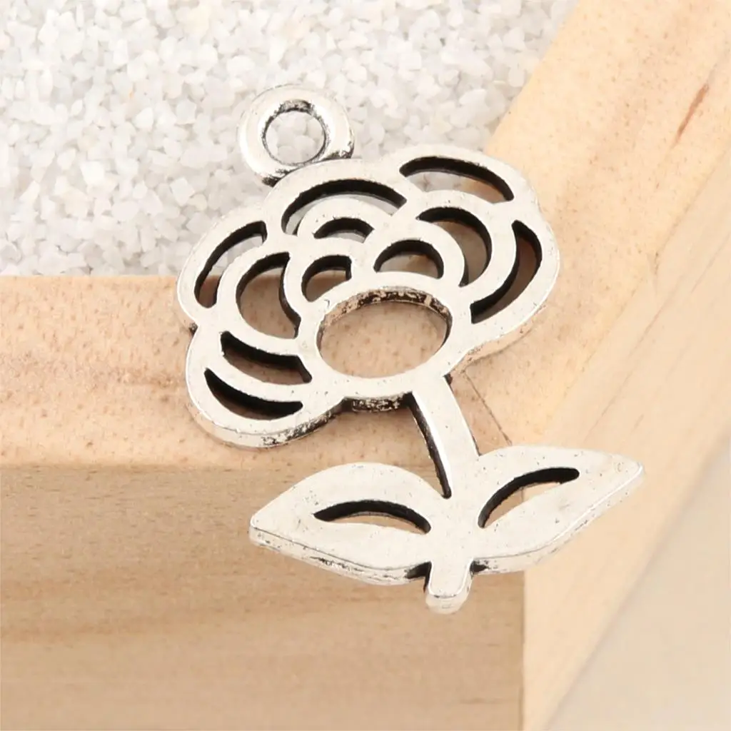 20Pcs  Silver Color Flower Rose Charms Floral Pendant Making DIY Necklaces Ornaments Handmade Crafts Jewelry 18X26mm A3157