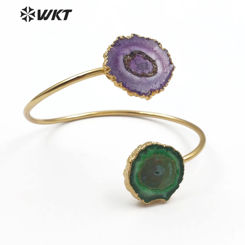 WT-B439 WKT Top quality Stalactite quartz bangle colorful double round stone with gold color eletroplated adjustable bangle