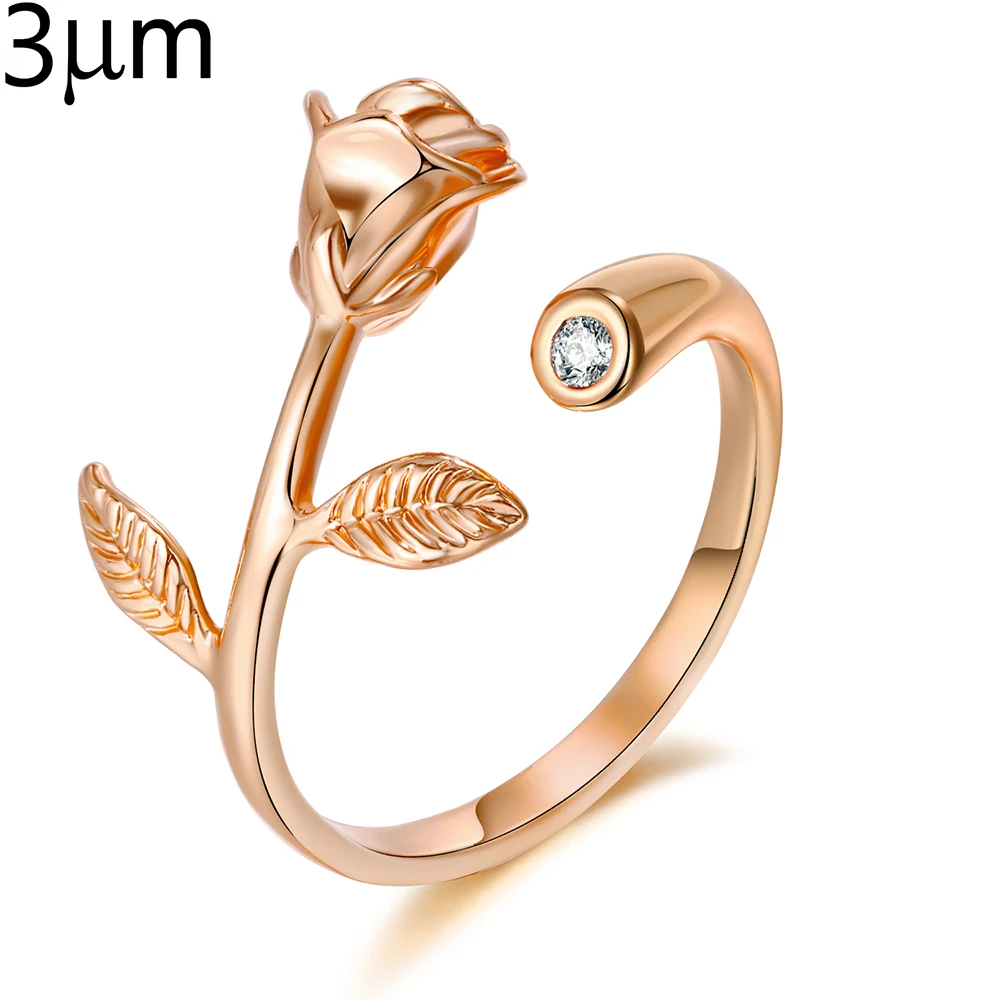 3UM Rose Flower Ring Adjustable Crystal Rings Blossom Branch Finger Love for Women Gift Valentine's Day Gift 3Colors Open Design