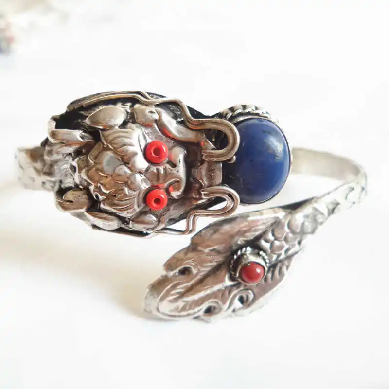 Tibetan Silver Bangle Dragon Inlaid Stone Open Cuff Amulet Nepal vintage handmade jewelry BB-293