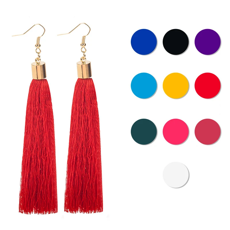 Solid Colors Red Pink Black Blue etc Cotton Thread Tassel Golden Hook Women Long Drop Earrings Dangle Earrings