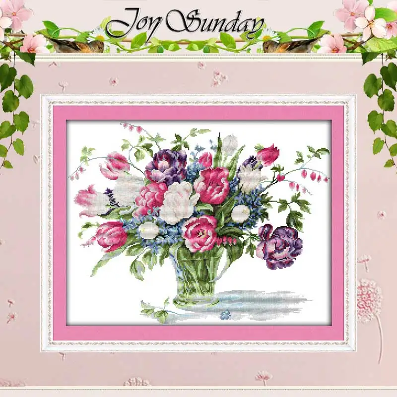 Tulip Vase Patterns Counted Cross Stitch Set DIY 11CT 14CT 16CT Stamped DMC Cross-stitch Kit Embroidery Needlework Home Decor