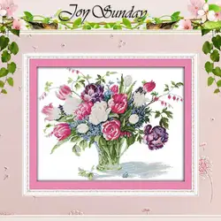 Tulip Vase Patterns Counted Cross Stitch Set DIY 11CT 14CT 16CT Stamped DMC Cross-stitch Kit Embroidery Needlework Home Decor