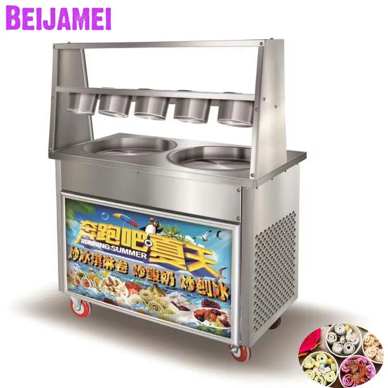 

BEIJAMEI Commercial Ice Cream Makers 110/220V Thailand double round pan fried ice roll machine single compressor