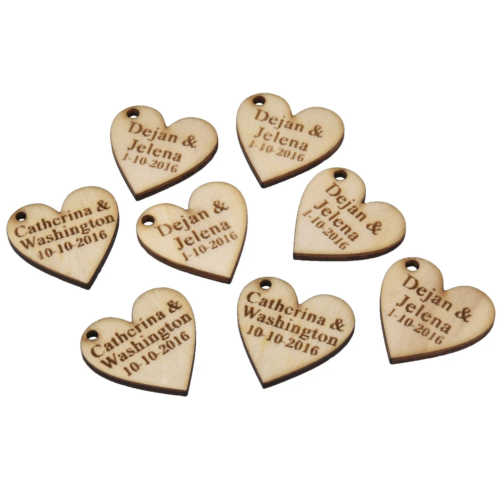 100 Pieces Personalized Engraved Wood Hangs Love Heart Centerpieces Wedding Table Decoration Favors Customized Candy Tags