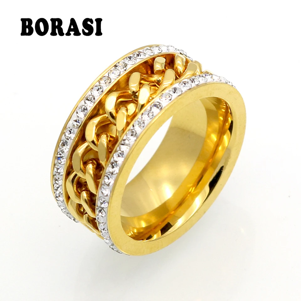 

Fashion Men And Women Titanium Steel Ring High Quality Gold Color Crystal Rings Chain Decorated Stainless Steel Rings For Men