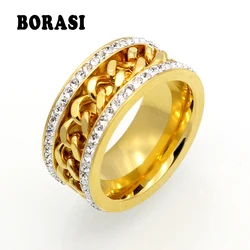 Fashion Men And Women Titanium Steel Ring High Quality Gold Color Crystal Rings Chain Decorated Stainless Steel Rings For Men