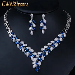 CWWZircons Luxury White Gold Color Royal Blue CZ Stone Wedding Necklace Earrings Jewelry Sets Bridal Dress Accessories T315