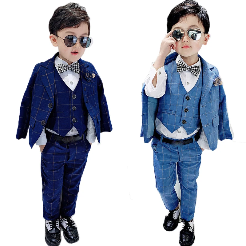 

Formal Flower Boys Wedding Suit Set Children Host Party Paino Performance Dress Costume Kids Plaid Blazer Vest Pants Outfits