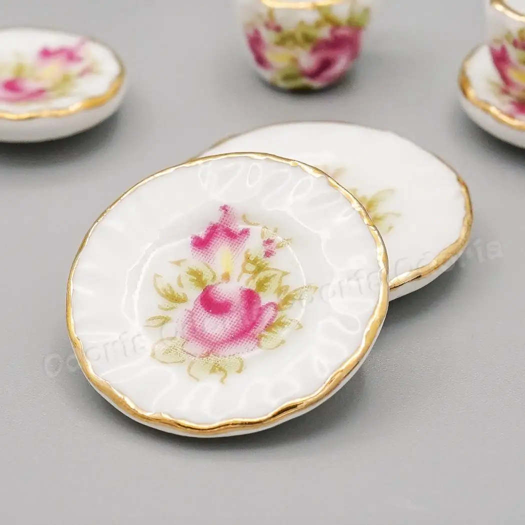 Odoria 1:12 Miniature 15PCS Pink Rose Chintz Golden Trim Tea Cup Set Porcelain Tableware Kitchen Dollhouse Accessories Decor