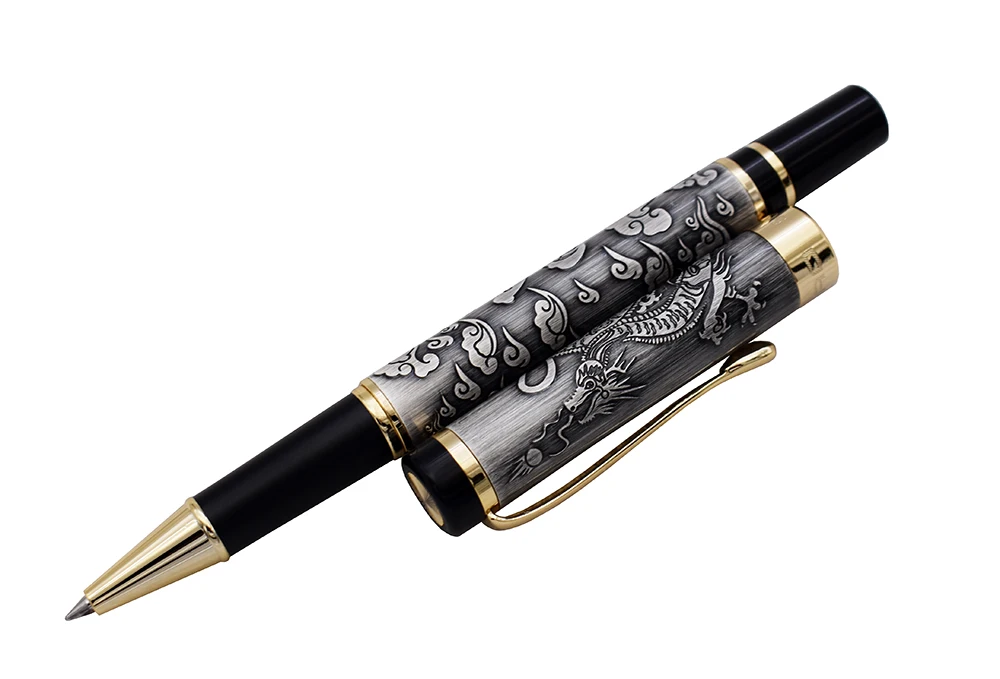 Jinhao 5000 Vintage Luxurious Metal Rollerball Pen Beautiful Dragon Texture Carving, Gray Color Ink Pen for Office Business