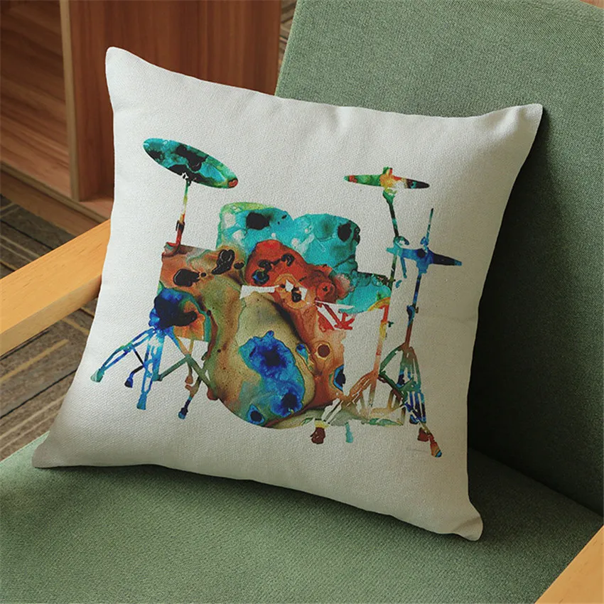 Drum Guitar Sax Throw Cushion Covers Watercolor Music Instrument Decorative Pillow Cover for Sofa Car Chair coussin decoration