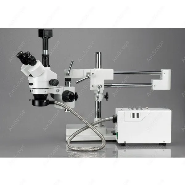 Trinocular Fiber Optic Boom Microscope--AmScope Supplies 3.5X-90X Trinocular Fiber Optic Boom Stereo Microscope with 3MP Camera