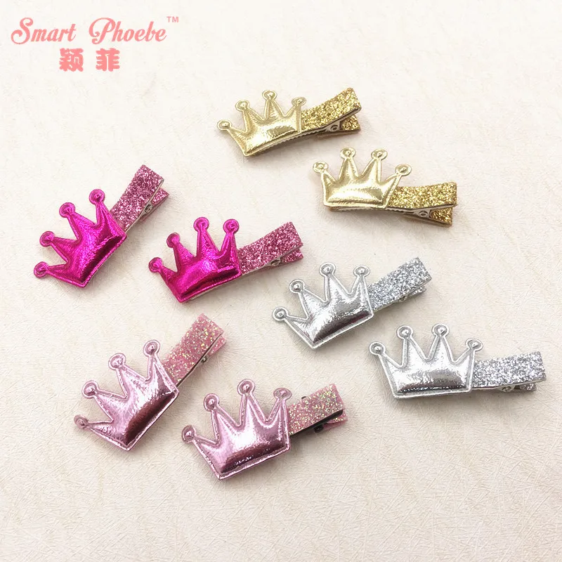 Boutique 12Pairs Fashion Cute Glitter Tiaras Hairpins Solid PU Leather Crown Hair Clips Princess Headwear Hair Accessories