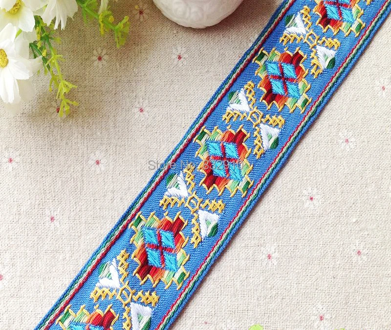 Zakka handmade accessories DIY lace ribbon polyester woven Jacquard Ribbon with Ethnic Embroidery Ribbon 5cm blue 22yards/lot