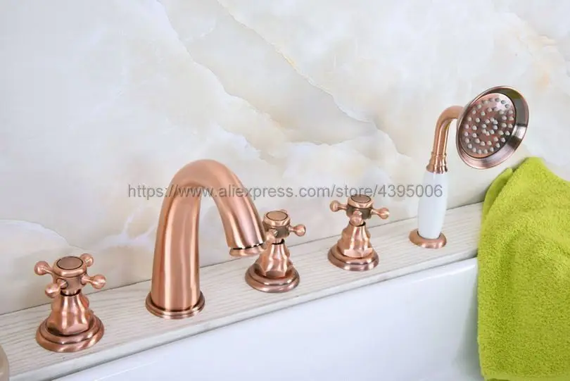 Bathtub Faucet Widespread 3 Cross Handles Roman Tub Faucet 5 Holes Deck Mount Bath Tap with Handshower Btf238