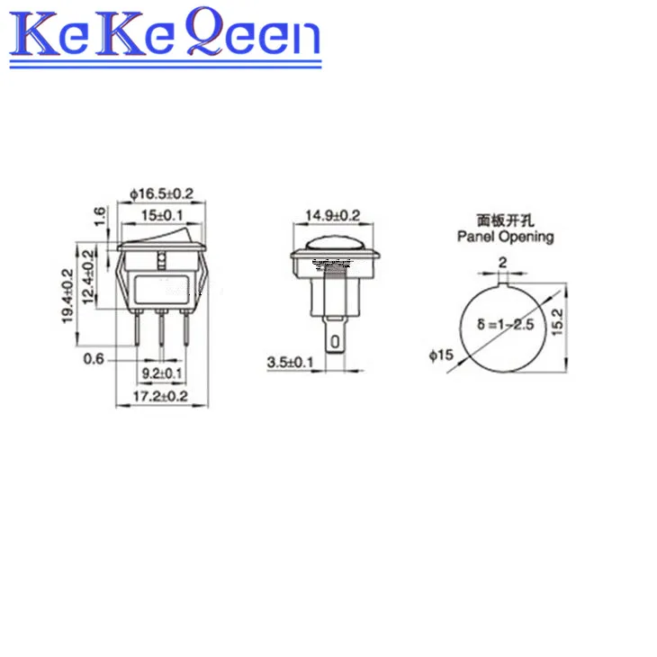 10PCS/LOT 16mm 2 PINS 2 Position ON-OFF SPST Round Rocker Switch 3A/250V 6A/125V AC Black