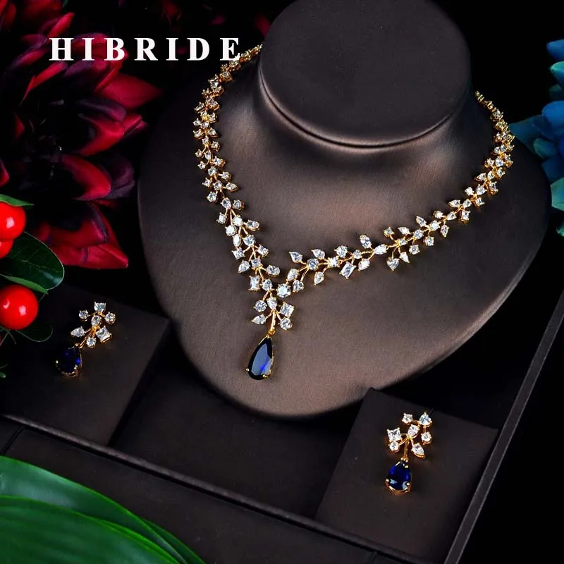 

HIBRIDE Charm Wedding Necklace Earrings Sets Blue Water Drop Cubic Zirconia Jewelry for Women Party Bijoux mariage N-592