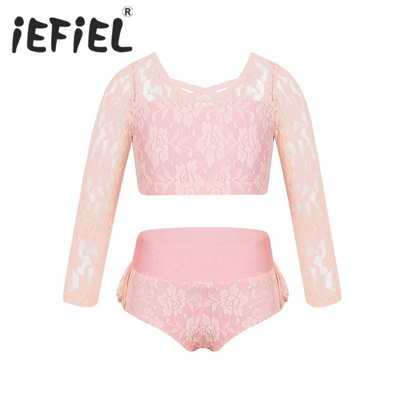 Girls Children Teens Ballet Sets Two-Piece Dancewear Outfit Lace 3/4 Sleeves Criss Cross Back Crop Top with ruffled Briefs Set